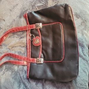 Leather black with red handled detailed handbag